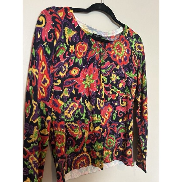 Talbots Floral Round Neck Long Sleeve Button Cotton Blend Cardigan Sweater M - Picture 2 of 5